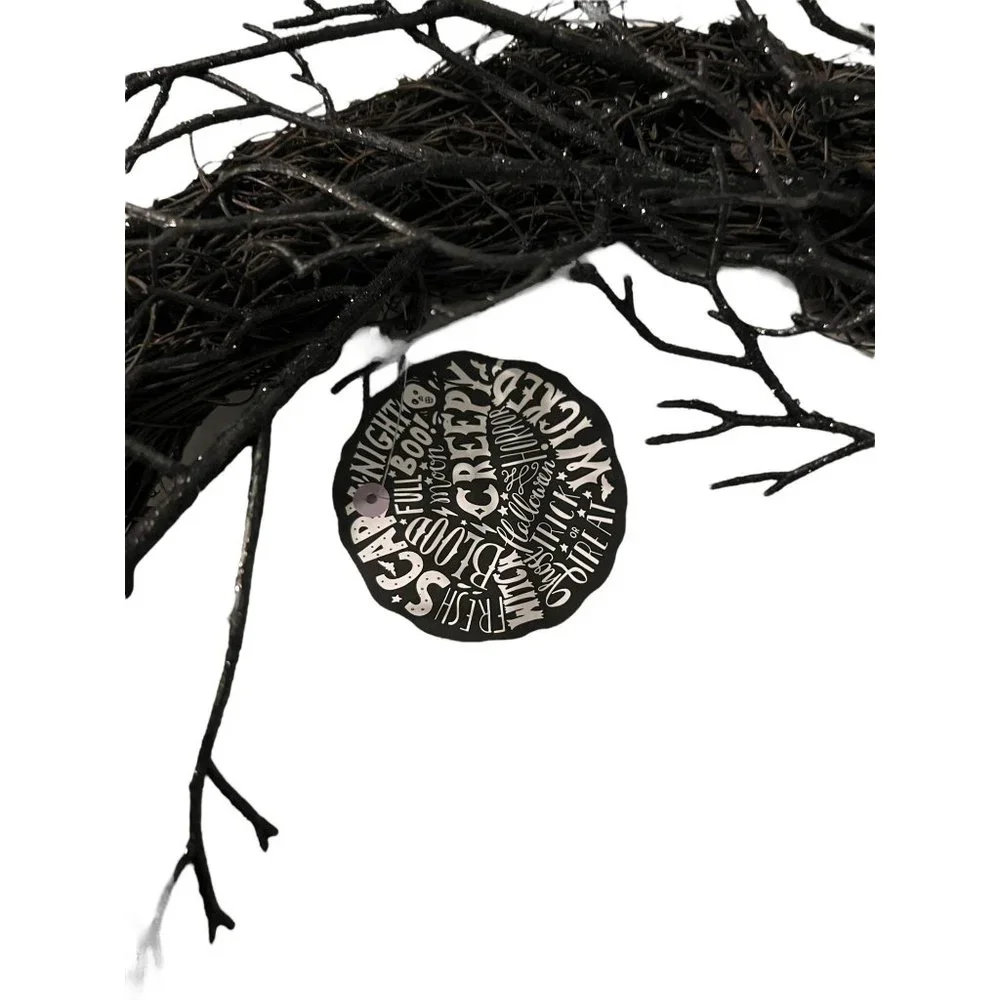 Halloween Black Grapevine Wreath Leaves Black Dangles Silver Skull 18
